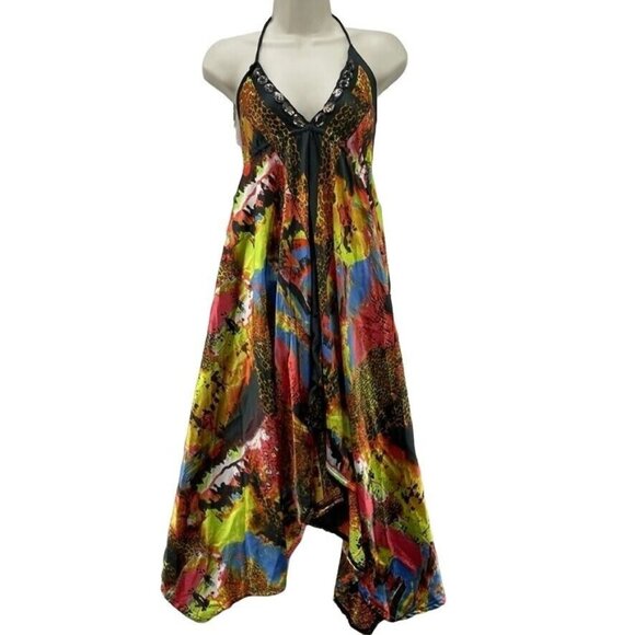 Unbranded Dress Swim Coverup Womens Small Multicolor Beaded Satin Tie Back - Picture 1 of 5
